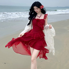 絶美の驚きの朱砂のあざの休暇のスカートの夏の重工のハスの葉の辺の仙気の女性の不規則な赤いワンピース
