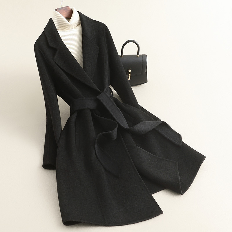 春の新作ハイエンド小柄コート女性用ミドル丈両面ゼロカシミアウエストウールウールコート女性用