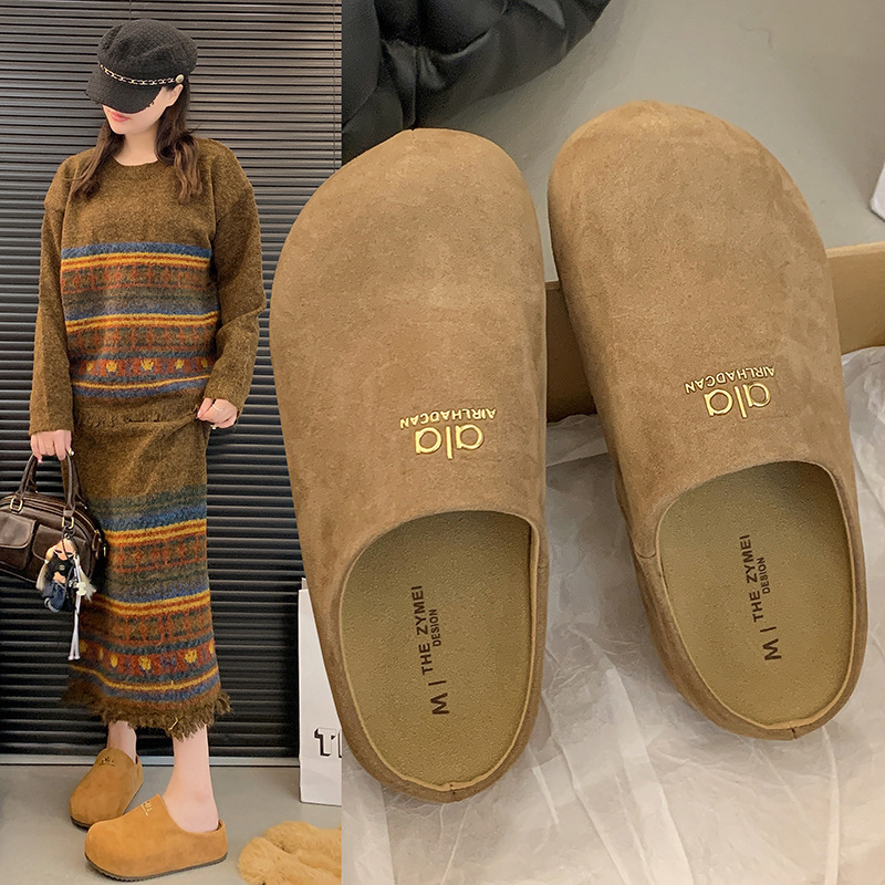 真皮版~秋季新款磨砂皮纯皮厚底增高勃肯鞋包头拖鞋女鞋休闲拖鞋|undefined