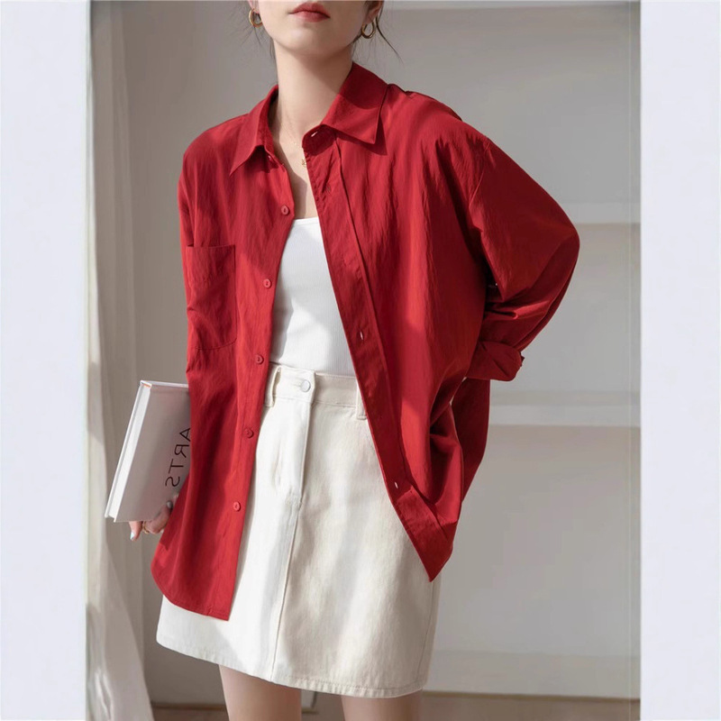 High-End Red Shirt for Women in Spring & Fall, French Style, Beautiful and Super Nice Shirt, Chic and Loose, Layered Top
