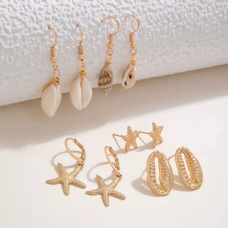 欧美跨境新款 波西米亚风创意贝壳星星海螺海星耳钉耳坠五对套装
