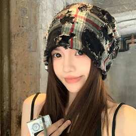 复古做旧破洞格纹堆堆帽女甜酷辣妹风小众个性气质休闲百搭冷帽潮