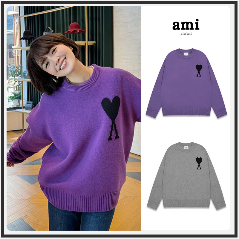 大注目！ ami セーター ラウンドネック ビッグラブ 25ss 新しいカップルルーズ長袖クロスボーダーウール女性のセーター|undefined