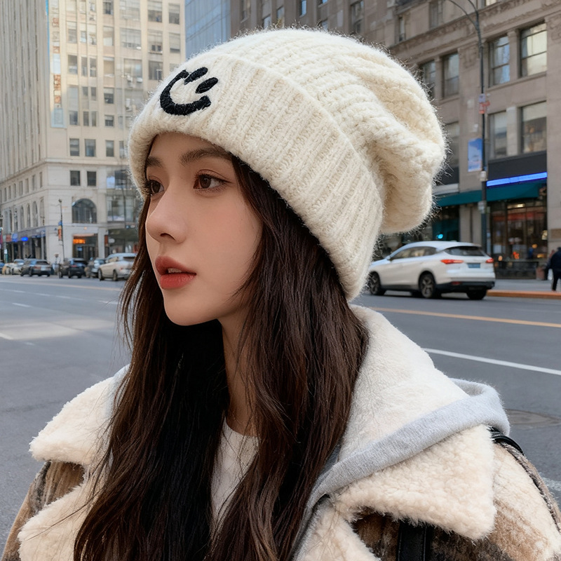 秋冬笑脸蓝色毛线帽子女加厚保暖大头围冷帽显脸小护耳针织堆堆帽|undefined
