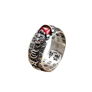 Retro silver brave ruby ring men's heart sutra copper money transfer opening ring live domineering male ring manufacturers