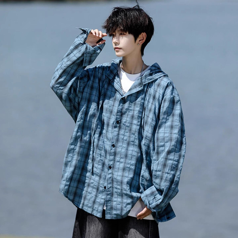 Spring and Summer American Casual Hooded Long-Sleeved Shirts for Men and Women, Trendy Loose Lazy Couple Shirts, Sun Protection Plaid Jackets