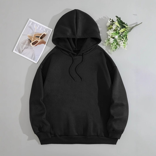 Cross-border Western and Eastern leisure fashion versatile hooded sweatshirt women's spring and autumn pure color long sleeve lined top women's in stock