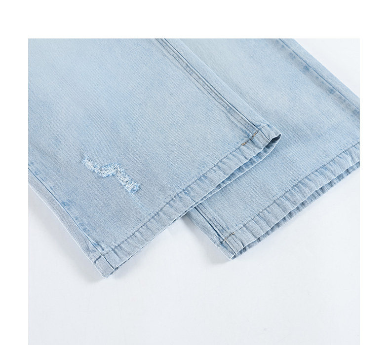 Quần jean nữ ống rộng cạp cao, dáng suông rách gối, chất vải denim mỏng mùa hè — Xanh nhạt 7 phút chi tiết 9