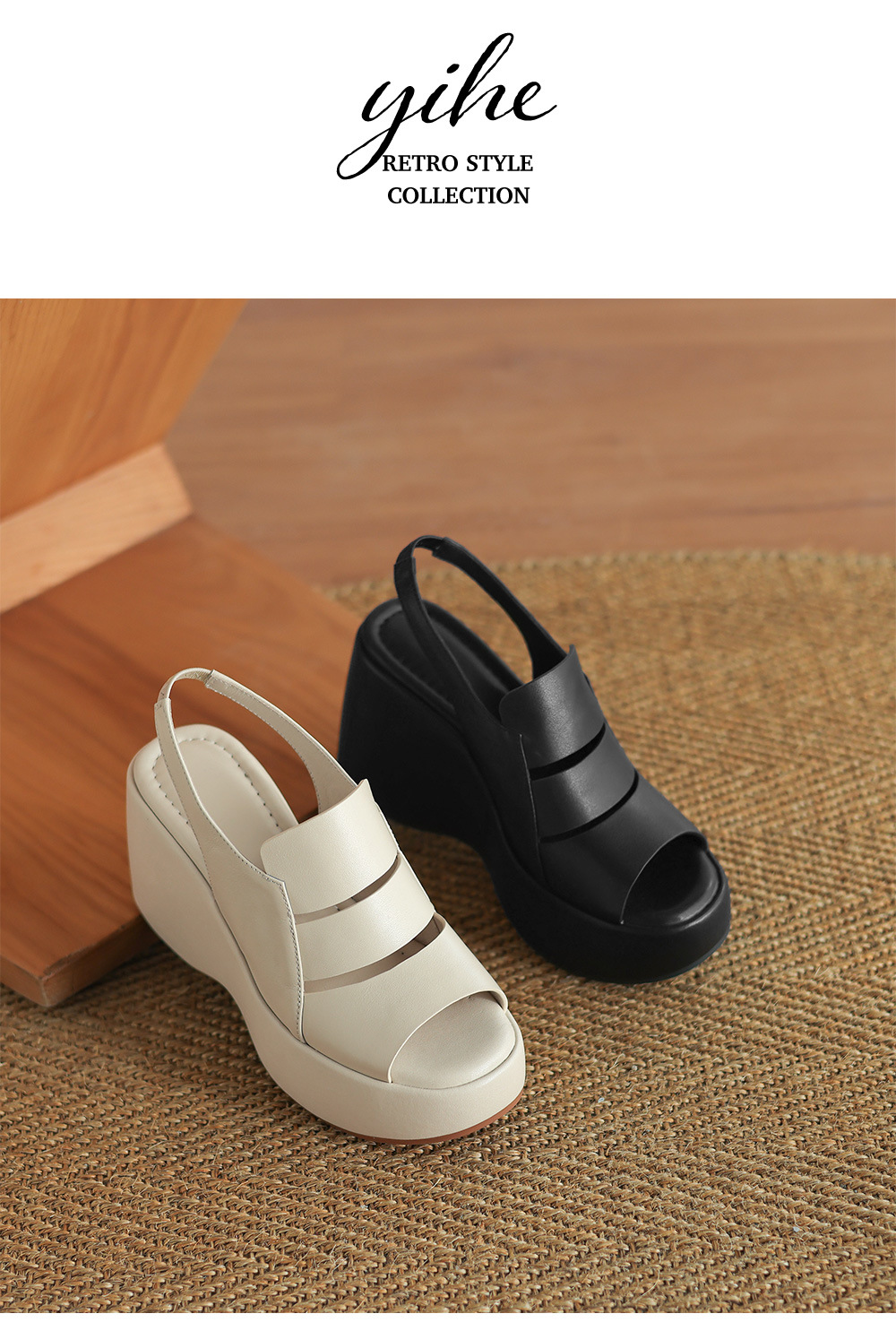Sandal nữ đế xuồng cao gót da thật phong cách La Mã, gót 9 cm — đen, Màu trắng nhạt chi tiết 13
