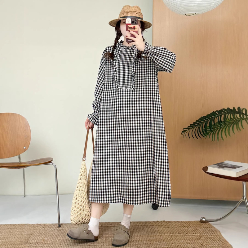Spring New Style Linen Cotton Long-Sleeved Plaid Dress Mori Girl Style Retro Artistic Loose-Fitting Mid-Length Dress for Pregnant Women 5401 Spring New Style Linen Cotton Long-Sleeved Plaid Dress Mori Girl Style Retro Artistic Loose-Fitting Mid-Length Dress for Pregnant Women 5401