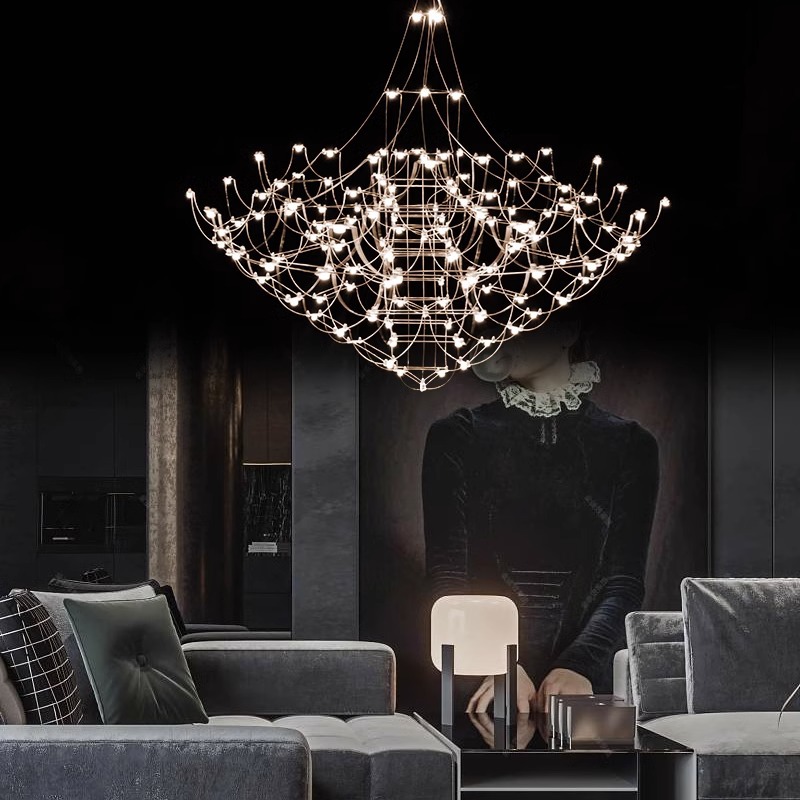 意大利輕奢不鏽鋼吊燈現代複式樓大廳別墅客廳螢火蟲光立方燈具