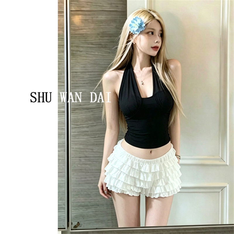 Trendy Sweet and Spicy Black Patchwork Lace-Up Halter Low-Cut Tank Top with Chest Pads, Backless Sleeveless Top for Women Trendy Sweet and Spicy Black Patchwork Lace-Up Halter Low-Cut Tank Top with Chest Pads, Backless Sleeveless Top for Women