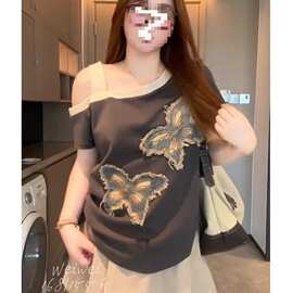 大码女装美式复古露肩短袖T恤女夏季胖mm巨显瘦遮肉设计感上衣潮
