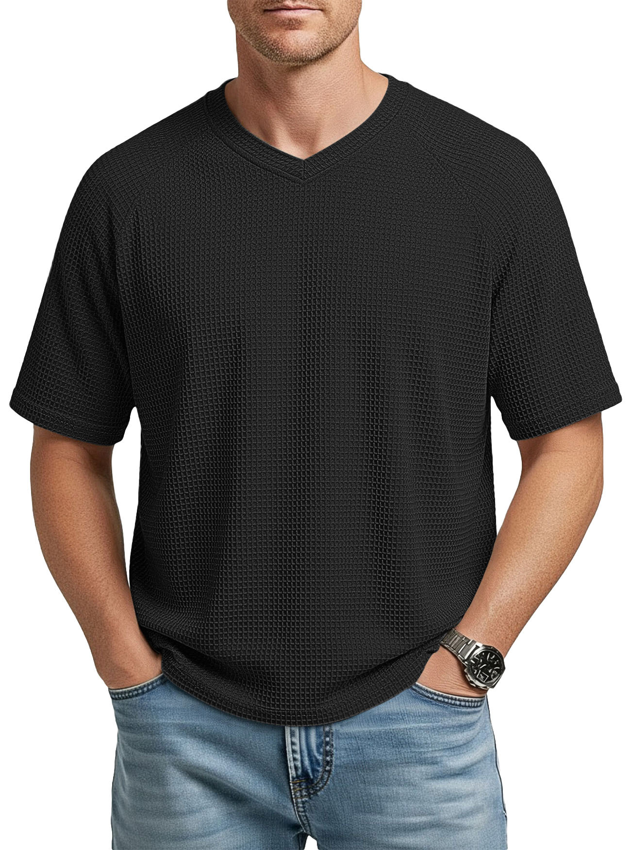 Europa y los Estados Unidos primavera y verano estación independiente transfronteriza hombre moda waffle tejido multifuncional manga de hombro cuello V camiseta de hombre de manga corta