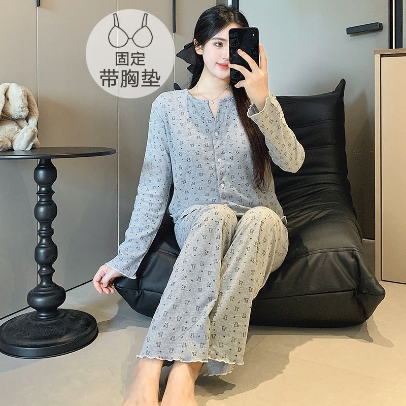 带胸垫睡衣女春秋季新款韩系可爱小熊卡通棉质开衫长袖套装家居服|undefined