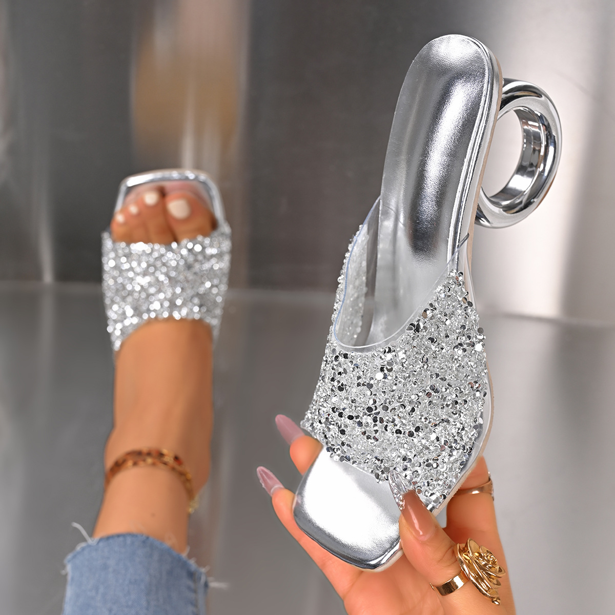 Women's Sequined High Heeled Sandals Square Toe Strappy Summer Shoes_voghion.com