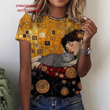 欧美文艺复古金色油画猫咪 T 恤女 夏季宽松休闲印花上衣 批发