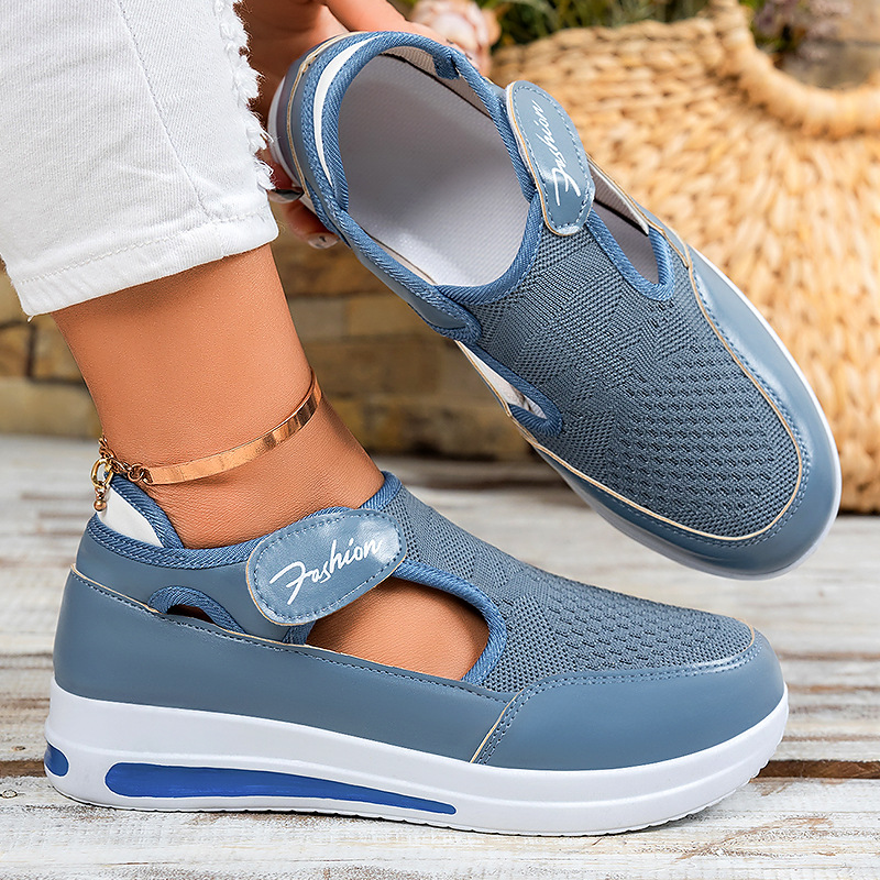 Zapatos mujer todo-fósforo zapatos casuales de talla grande zapatos de malla de suela gruesa de cuña tejida voladora zapatos de mujer de malla con velcro