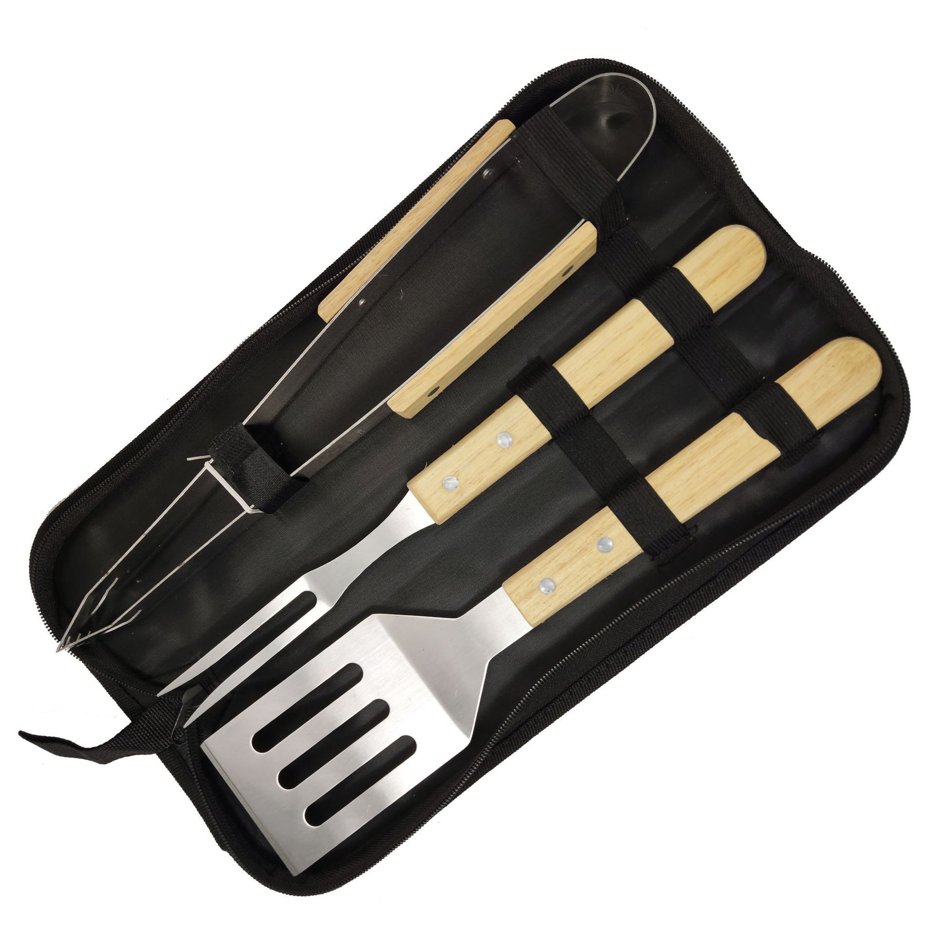 Mango de madera conjunto de parrilla bolsa de tela de suministro de comercio electrónico transfronterizo caja de aluminio horquilla de acero inoxidable parrilla de parrilla BBQ herramientas