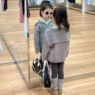 Korean Style Girls' Wool Sweater 2024 Autumn New Style Grey Lapel Shawl Sweater Sweater Top