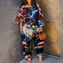 跨境新款亚马逊外贸夏季美国独立日女士一字肩露肩宽松连体裤3D印