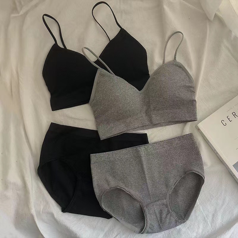 Solid Color Girls Bra Set Korean Style No Wire Wrap Chest Student Underwear Set Thin Push-up Pure Desire Underwear