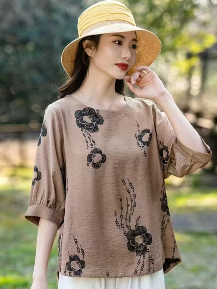 Cross-border nueva camiseta de mujer china impresa de manga media camiseta de mujer de verano camiseta de base de cuello redondo artística ocio image 2