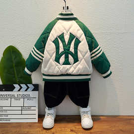 2023冬季外贸童装字母亚马逊夹棉绗线棒球服 时尚拼色加厚外套