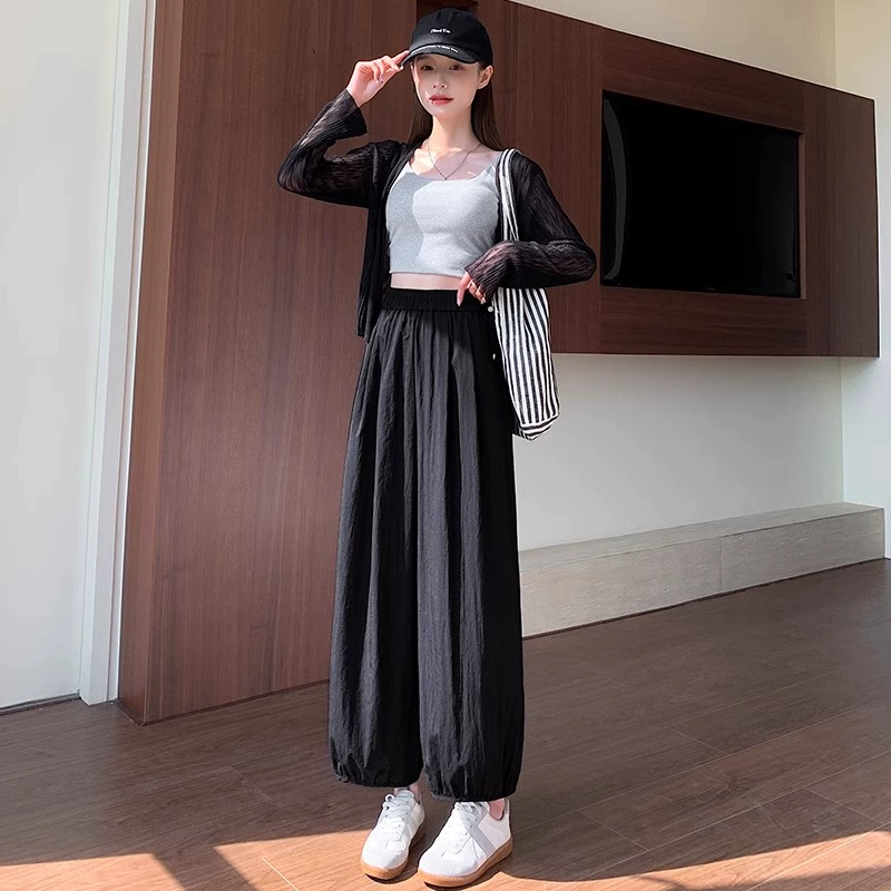 Быстросохнущие широкие брюки из ледяного шелка для женщин, летние тонкие брюки Yamamoto, миниатюрные свободные укороченные шаровары, повседневные брюки-фонарики.