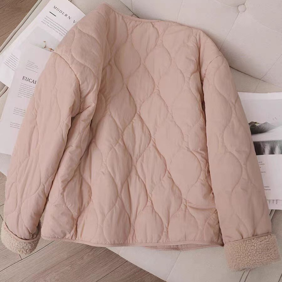 2025 핑크 RHOMBUS FAUX CASHMERE COTTON-PADDED JACKET 여성용 한국식 두꺼운 라운드 넥 코트 코튼 패딩 코트 컬러 블랙