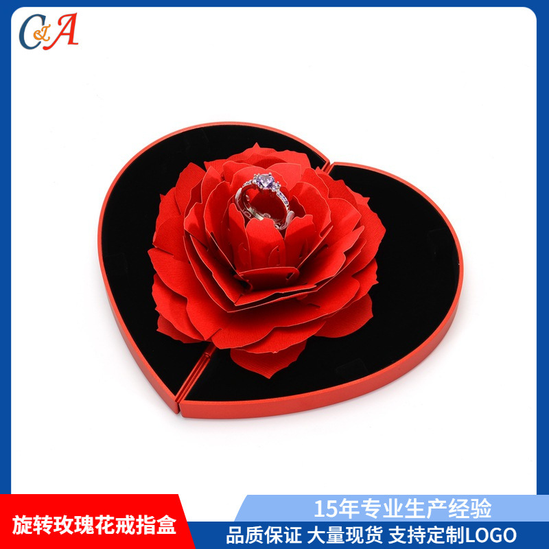 网红抖音同款心形玫瑰花旋转戒指盒 创意花升降求婚戒指盒厂家