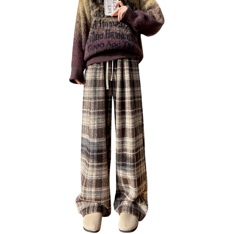 Винтажные рождественские брюки в клетку для женщин, весенне-осенние прямые шерстяные широкие брюки с высокой талией и драпировкой, облегающие повседневные брюки длиной до пола.