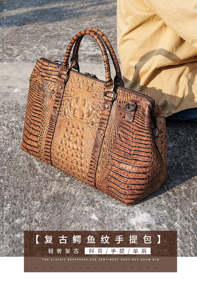 Túi du lịch nam da bò lớp đầu họa tiết cá sấu, túi hành lý cầm tay cao cấp dung tích 20–35L — Màu nâu chi tiết 13