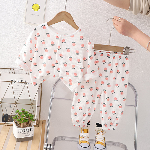 Children's thin double-layer cotton gauze pajamas for babies, summer dresses for girls, home wear for boys, handsome lantern pants set
