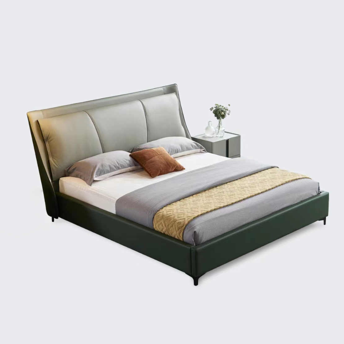 Italian minimalist leather bed modern simple cream style light luxury bedroom double down feather pillow leather wedding big bed 