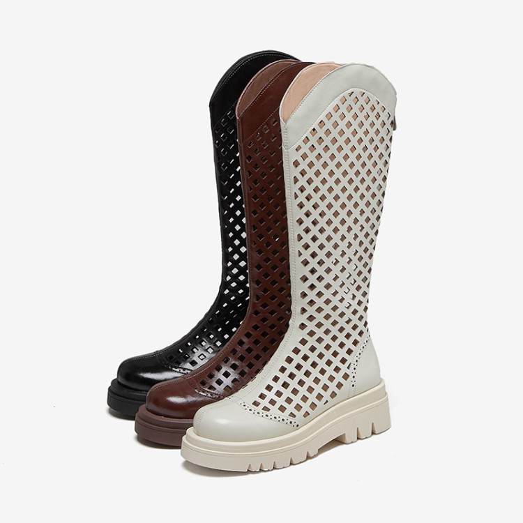 Boot nữ da bò đế dày cổ cao ống lưới — Màu nâu ống lớn, Màu đen cổ ống lớn, Ống nhỏ màu đen, Chu vi ống lớn màu trắng Be