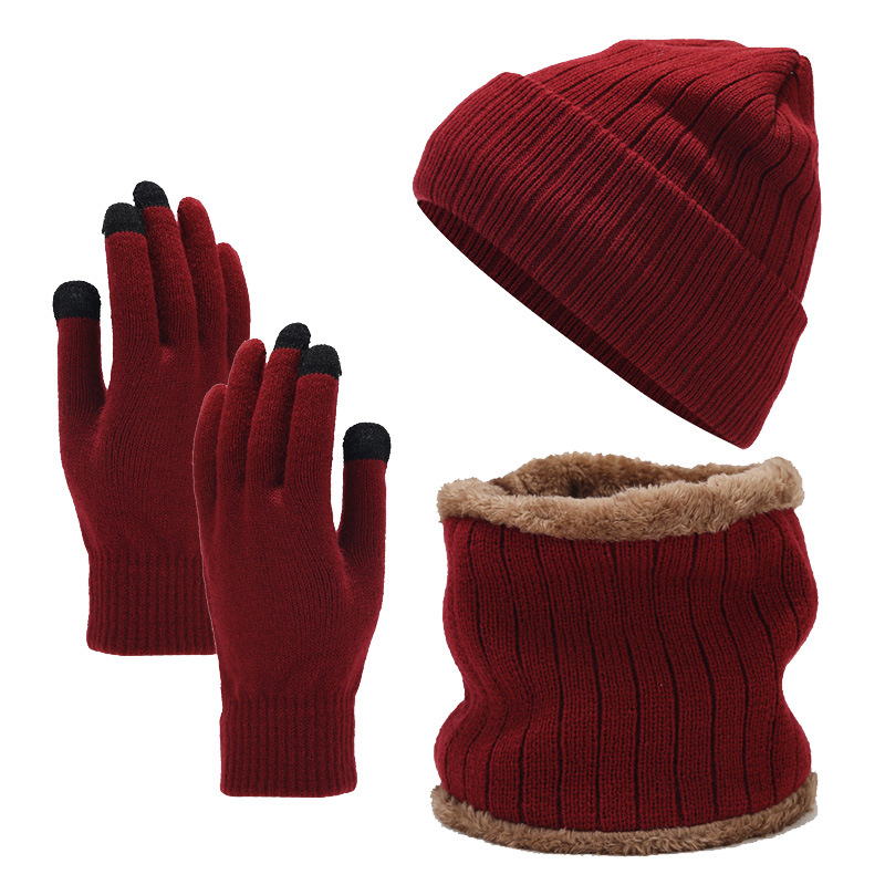 Guantes de bufanda de sombrero de punto forrado de lana de los hombres europeos y americanos conjunto de tres piezas a prueba de frío engrosada a prueba de viento traje cálido mujeres