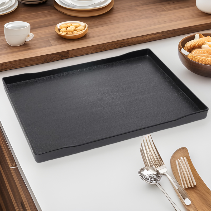Factory wholesale plastic wood grain non-slip tray black commercial rectangular hotel guest room water cup tea tray storage tray