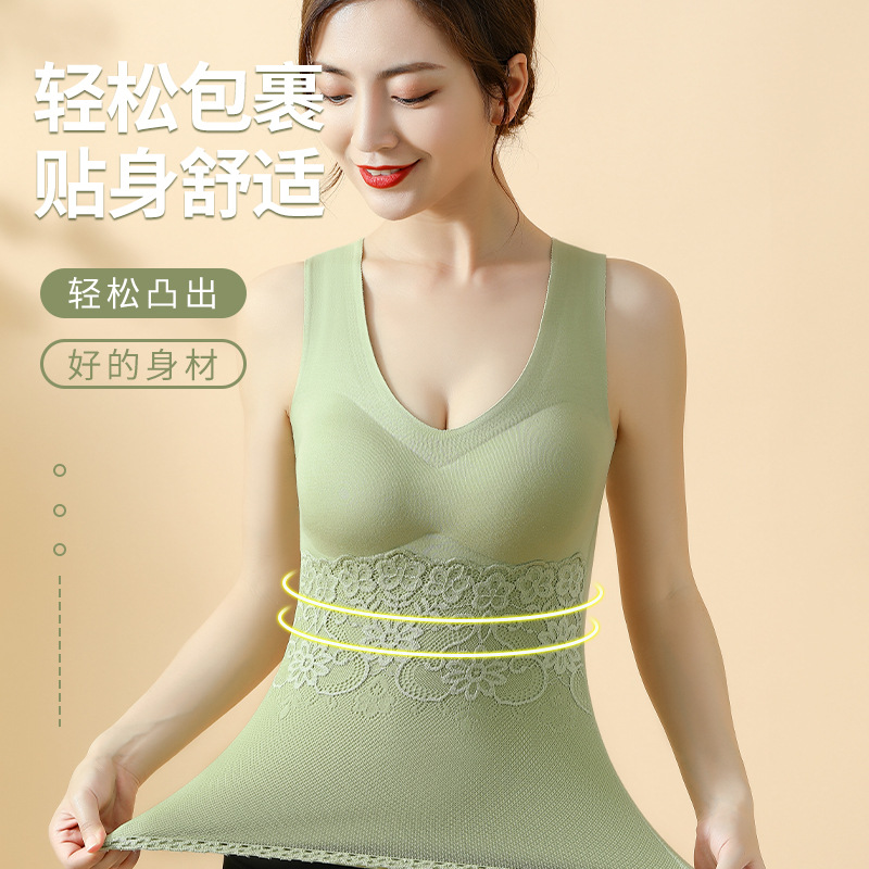 Chaleco térmico de terciopelo de calentamiento sin costuras Camiseta slim fit de mujer con almohadilla en el pecho correa de encaje ropa interior térmica a prueba de frío