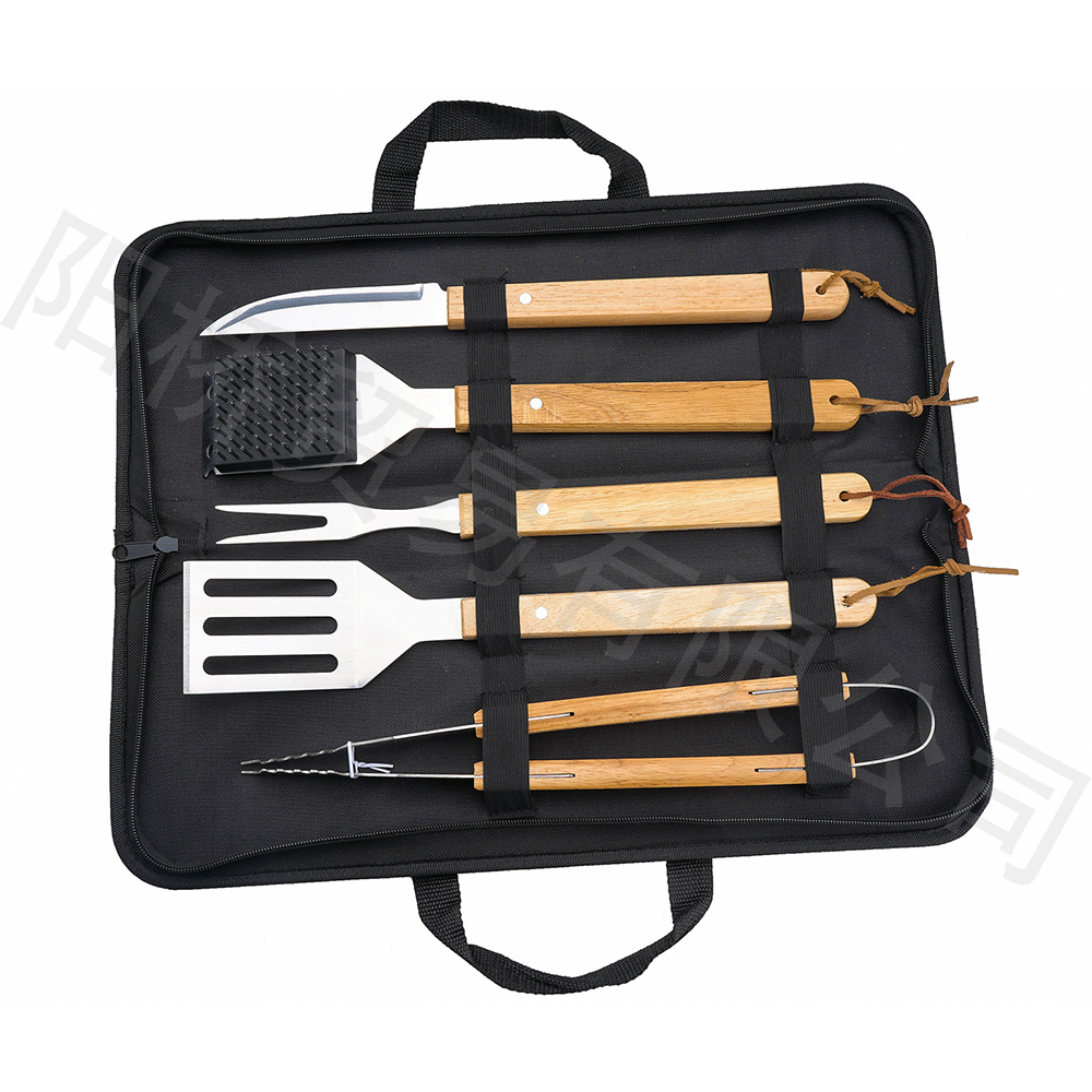Venta al por mayor Amazon barbacoa herramienta combinación traje de acero inoxidable herramienta para hornear cuchillo pala tenedor clip mango de madera herramientas de cocina