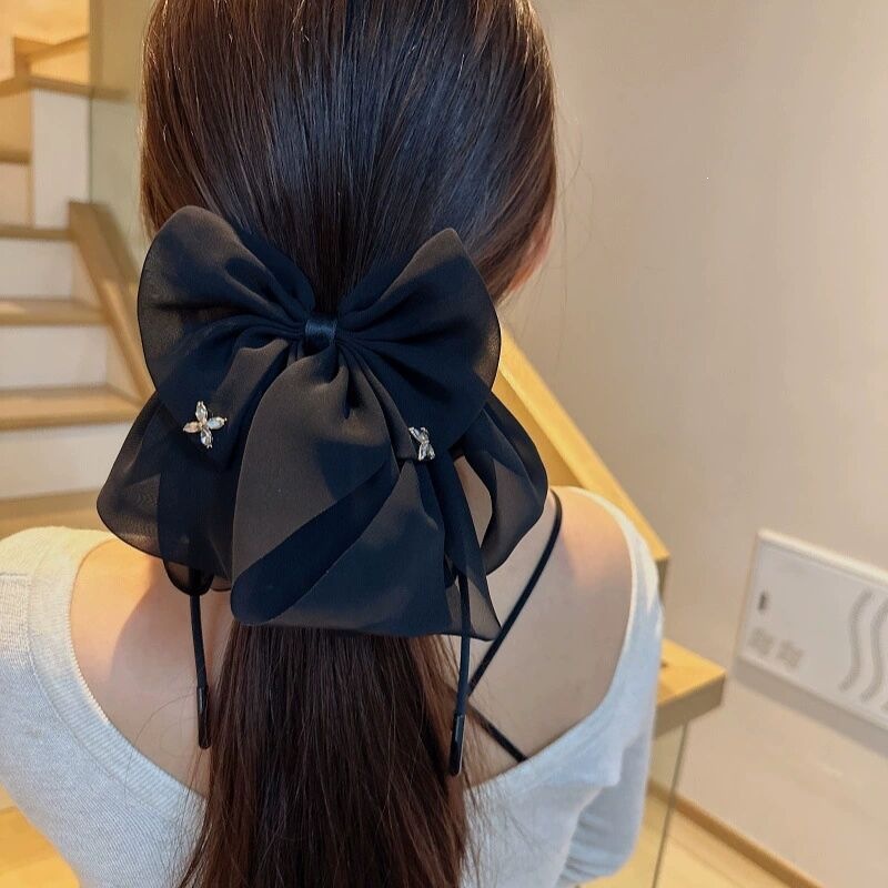 Satín de alta sensación, arco negro grande, clip de tiburón, toque de cabeza, clip de nube, clip de agarre, clip de cabello, tarjeta de cabello de mujer