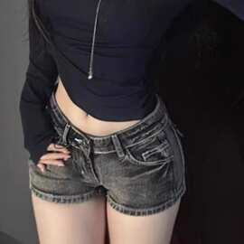 美式复古牛仔短裤女夏季辣妹高街弹力包臀热裤设计感显瘦超短裤子