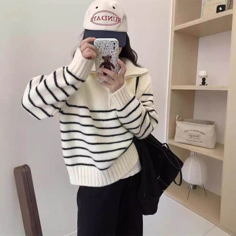 Striped Half-Zip Pullover Sweater for Women 2024 Autumn and Winter New Korean Style Loose and Versatile Lazy Style Knitted Sweater Top Striped Half-Zip Pullover Sweater for Women 2024 Autumn and Winter New Korean Style Loose and Versatile Lazy Style Knitted Sweater Top