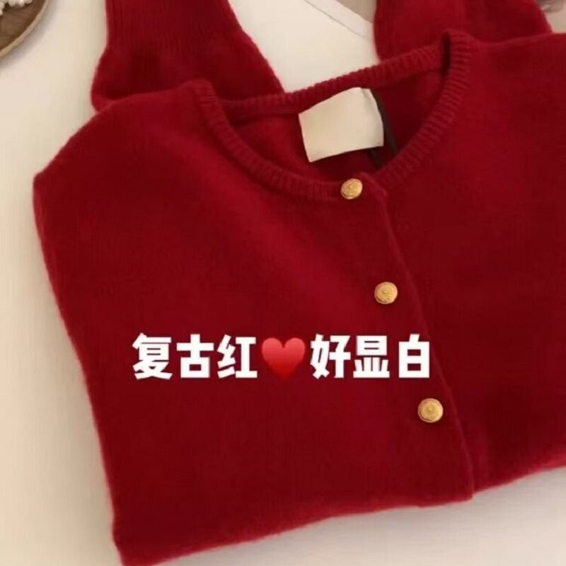 复古金扣开衫女秋冬针织衫纯色圆领长袖毛衣女装针织外套现货批发|undefined