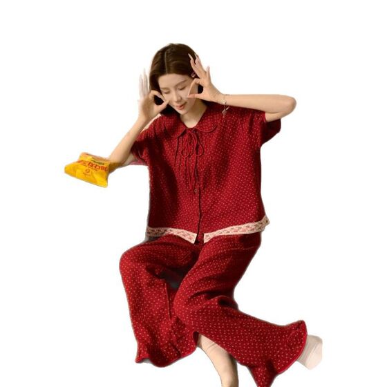 South Korea Ins Korean Style Sweet Fresh Loose Breathable Soft Cotton Double Yarn Short Sleeve Summer Outer Wear Home Clothes suit