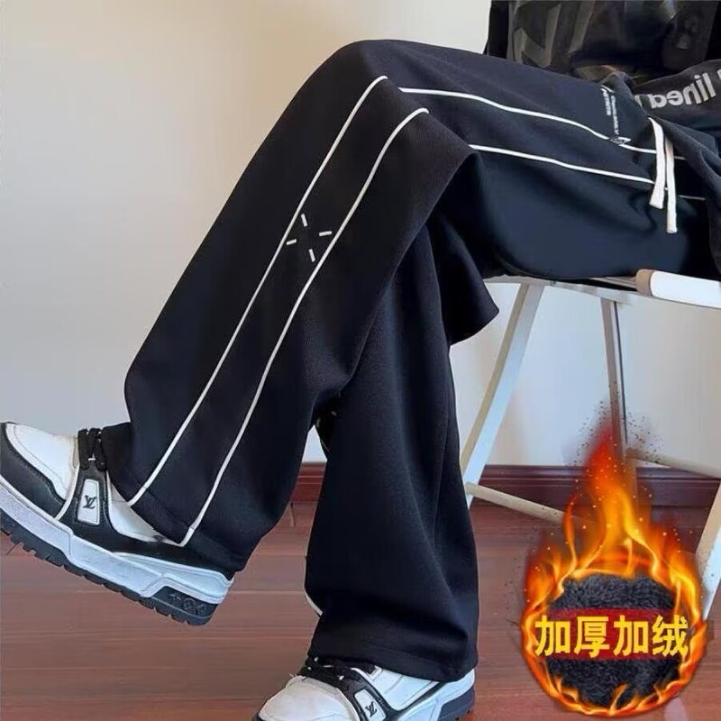 Pineapple Striped fleece-lined Thickened Trousers Autumn Fashion Brand Straight Leg Wide Leg Pants Men's Spring and Autumn Dosing All-match