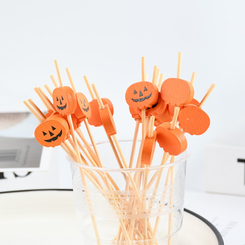 Halloween una vez horquilla de frutas palillos de dientes de dibujos animados calabaza snack stick stick de frutas string stick de bambú stick de bambú ecológico