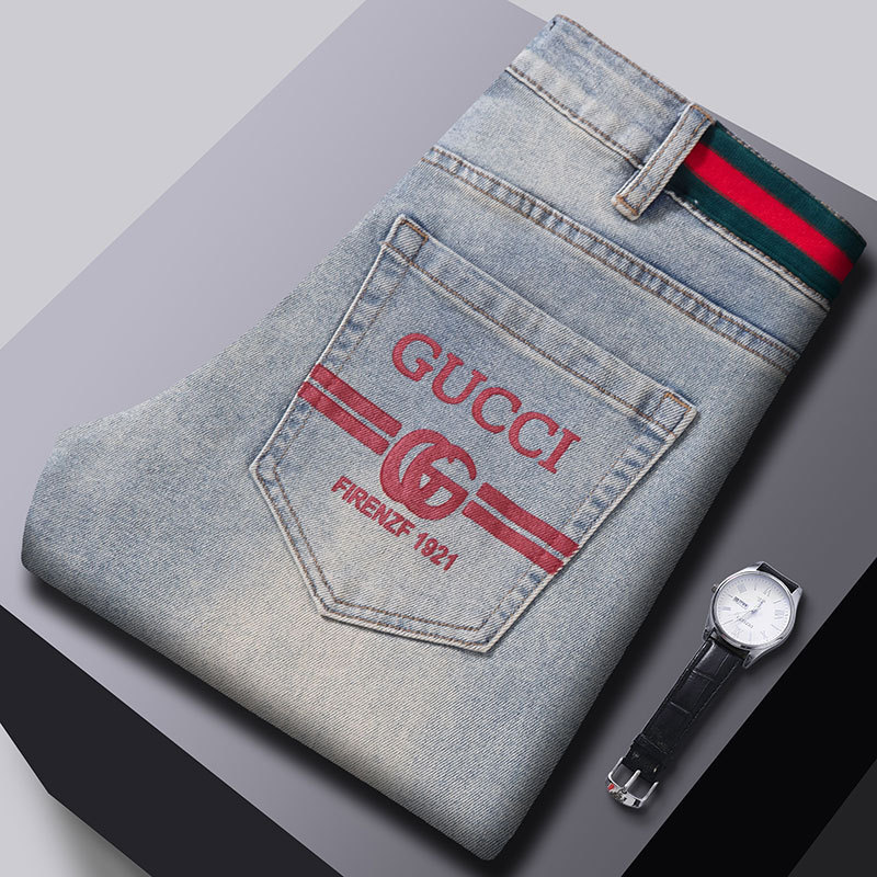 Guangzhou Xintang Men's Jeans Korean Version Slim Fit Tapered Cross-Border Foreign Trade European Style Stretch Printed Light Blue 1:1 Pants