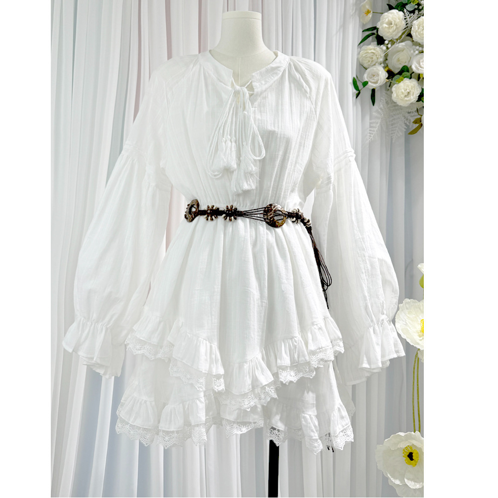 法式度假风甜美蕾丝连衣裙女2025春季长袖收腰显瘦超仙不规则裙子