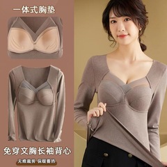 Women's Long-Sleeve Integrated Fixed Cup Self-Heating Bra Top with V-Neck Long-Sleeve Undercoat for Ladies